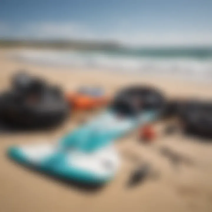 Kitesurfing equipment laid out on the beach ready for use