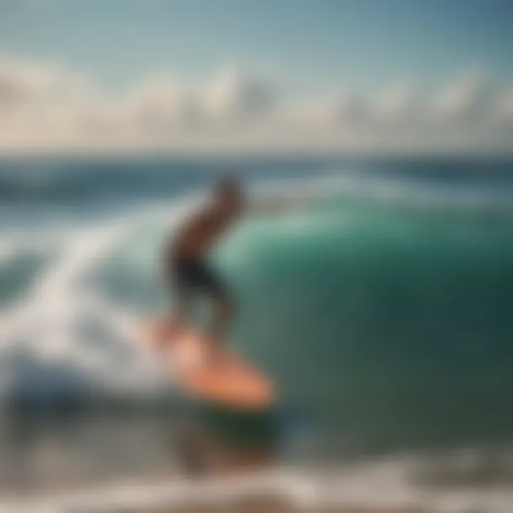 A sleek large skimboard gliding across the water's surface showcasing its design and aerodynamics.