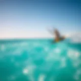A vibrant kitesurfer gliding across the turquoise waters under a clear blue sky.