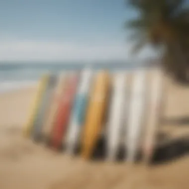 Surfboards lined up on the sandy beach at Mancora