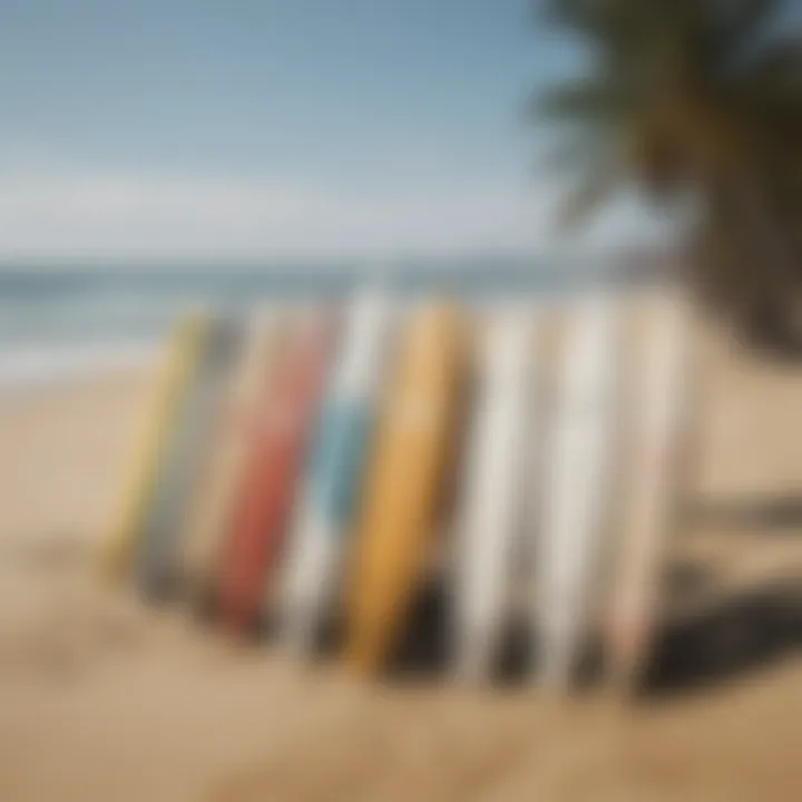 Surfboards lined up on the sandy beach at Mancora