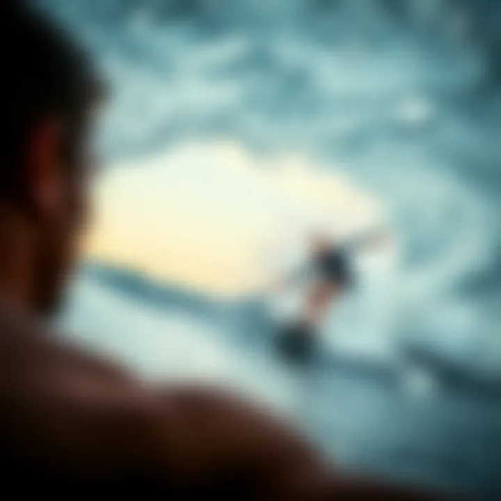 Surfer's Mental Readiness for the Wave Mental focus of a surfer preparing to pop up