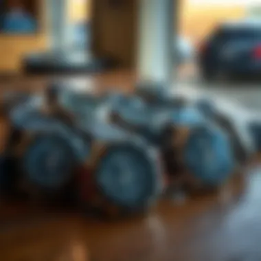 Different models of surf watches arranged on a wooden table