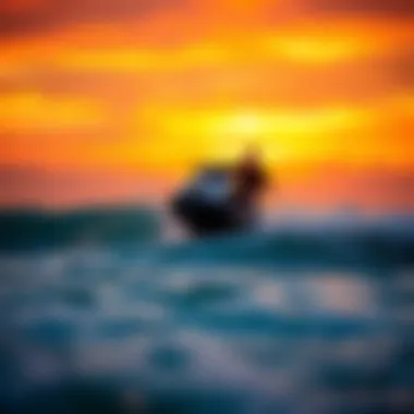 A vibrant sunset backdrop showcasing a motorized wave board in action