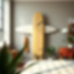 Artistic display of a surfboard mounted on a chic wall