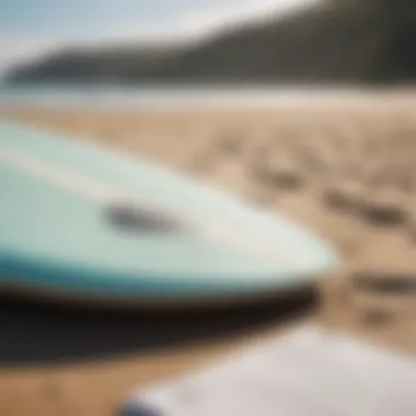 Close-up of a surfboard on a beach with insurance documents