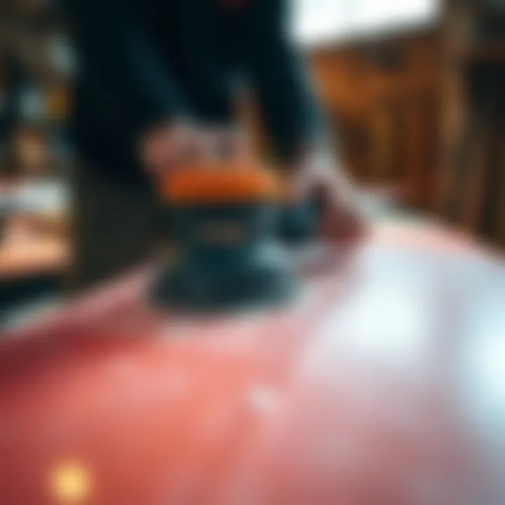 Surfprep electric sander in action on a surfboard surface, demonstrating its effectiveness