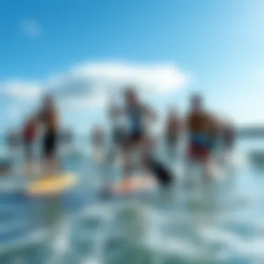 Community of Paddleboarding Enthusiasts Group of diverse paddleboarders enjoying a vibrant beach environment