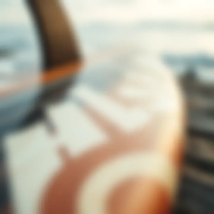 A close-up view of a premium surfboard showcasing its intricate design and craftsmanship