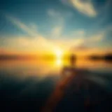 Serene paddleboarder gliding across a tranquil lake at sunset