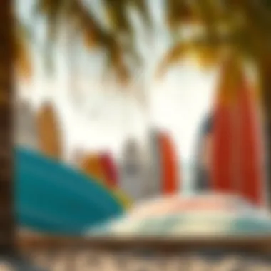 A scenic beach setting with surfboards lined up, representing different brands