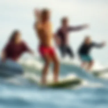 A diverse group of surfers in action, demonstrating various styles on the water