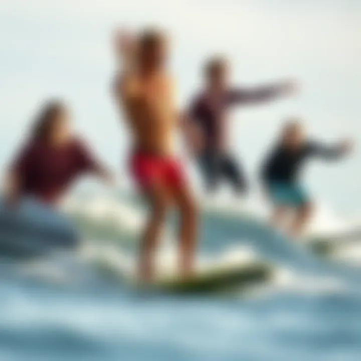 A diverse group of surfers in action, demonstrating various styles on the water