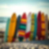 Colorful surfboards lined up on the beach