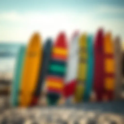Colorful surfboards lined up on the beach