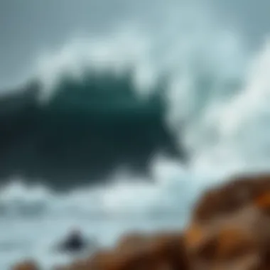 The Power of Nature: Storm Waves Unleashed A powerful wave crashing against a rocky shore during a stormy day.