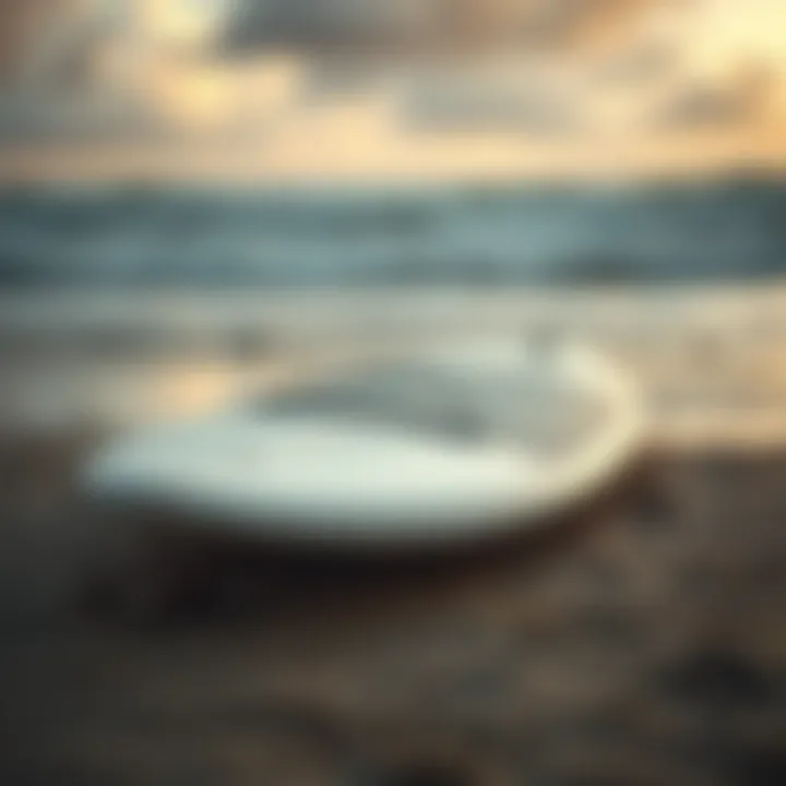 Innovative Craftsmanship: Surfboard Technology for Storms A surfboard designed for challenging conditions resting on a beach.