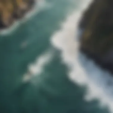 An aerial view of surfers using geographical landmarks for navigation