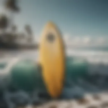 Surfboard Against a Backdrop of Polluted Waters Surfboard against a backdrop of polluted waters