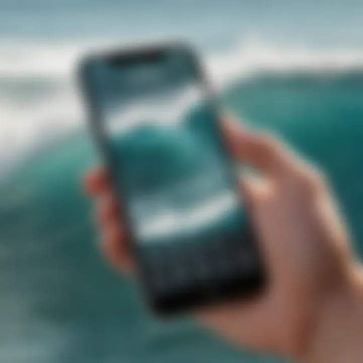 Close-up of a smartphone displaying the Ocean Waves App interface with wave data