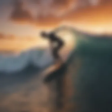 A surfer riding a perfect wave with a stunning sunset in the background