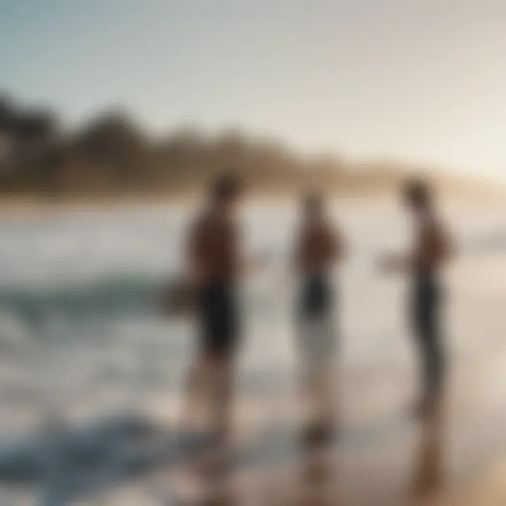 A group of surfers checking their phones on the beach before hitting the waves