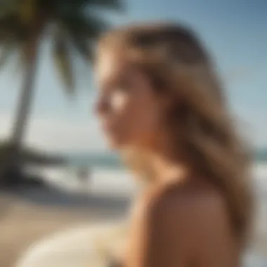 A beach scene highlighting the connection between hair care and surfing