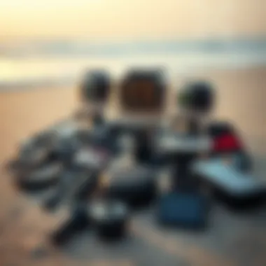 Comprehensive GoPro Accessory Collection Various GoPro accessories laid out on a beach