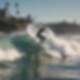 Surfers riding waves at a stunning California beach