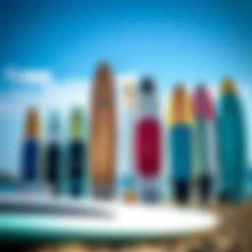 Diverse paddle board sizes lined up