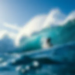A breathtaking view of a surfer riding a massive wave in Patagonia