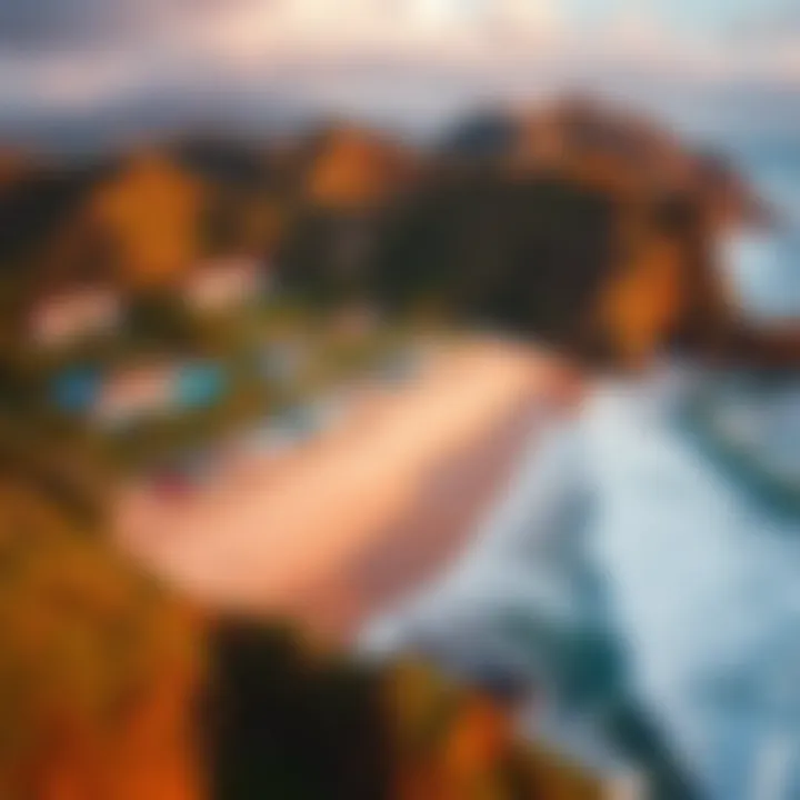 Stunning Coastal Surf Camp Landscape Aerial view of a vibrant surf camp along the coastline