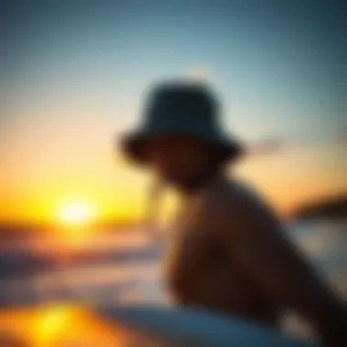 Surfer at Sunset with the Rip Curl Bucket Hat Surfer wearing the Rip Curl bucket hat during a sunset session
