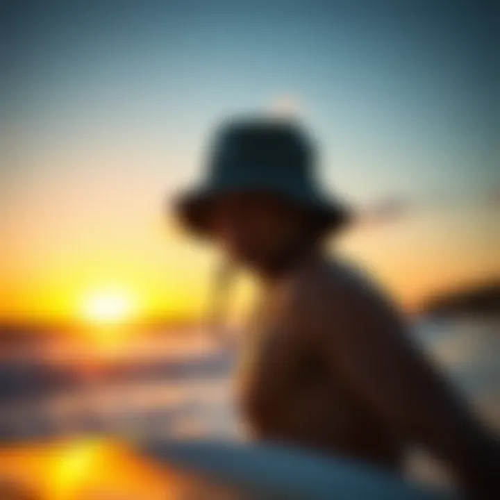 Surfer at Sunset with the Rip Curl Bucket Hat Surfer wearing the Rip Curl bucket hat during a sunset session