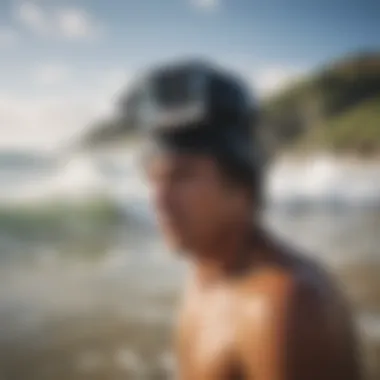 A surfer adjusting the GoPro head mount before hitting the waves