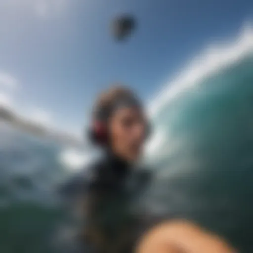 A surfer wearing a GoPro head mount while riding a wave