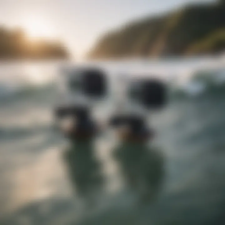 A variety of GoPro head mounts displayed on a surfboard