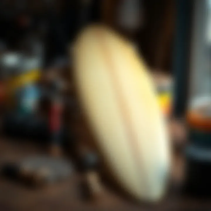 A well-maintained shortboard alongside essential maintenance tools