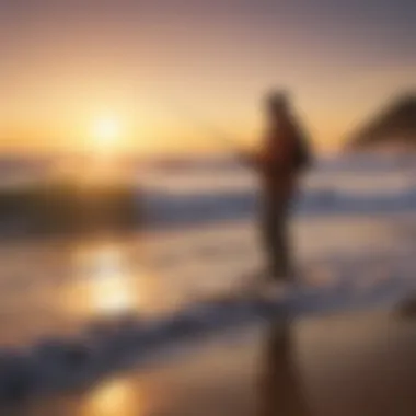 Angler casting a line into the surf at sunset