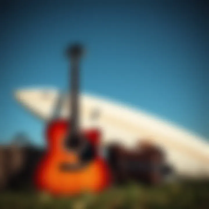 Surfboard and Guitar Surfboard and guitar leaning against each other