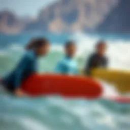 A vibrant surf school in San Francisco, showcasing diverse students learning to ride waves