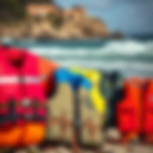 Diverse Range of Surf Life Jackets Vibrant surf life jackets displayed on a beach