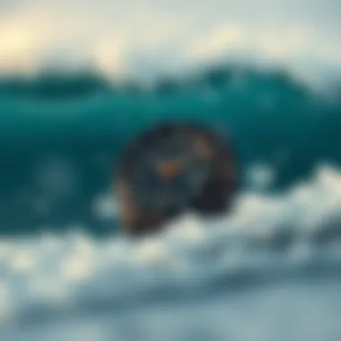 A wave crashing with a surf watch in focus in the foreground