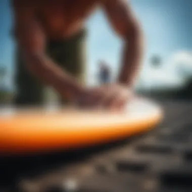 Illustration demonstrating the process of applying a surfboard deck pad.