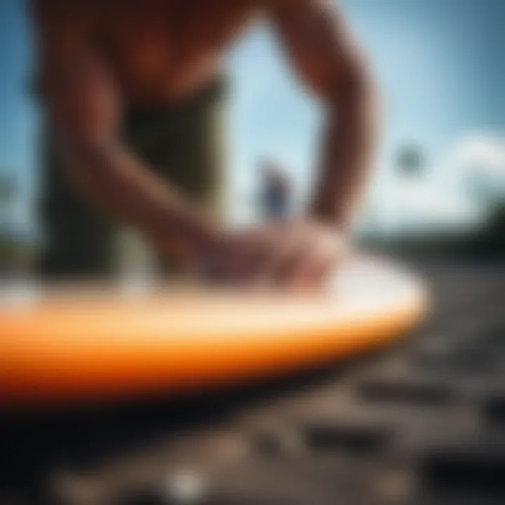 Illustration demonstrating the process of applying a surfboard deck pad.