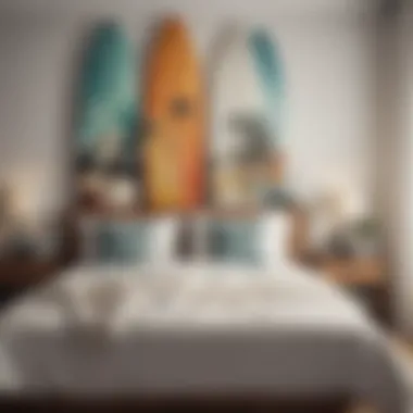 A serene bedroom featuring surfboards artistically integrated into the design