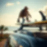 Surfboard roof rack attachment in action