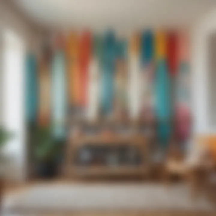 Colorful surfboards arranged as wall decor in a modern living room