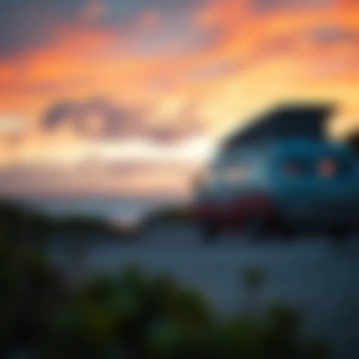 Surfer Camper Van at Sunset A scenic view of a surfer camper van parked near a beach at sunset, capturing the essence of coastal freedom