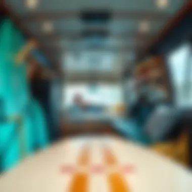 Customized Interior of Surfer Camper Van An interior view of a customized surfer camper van, showcasing surfboards, storage solutions, and a cozy living area